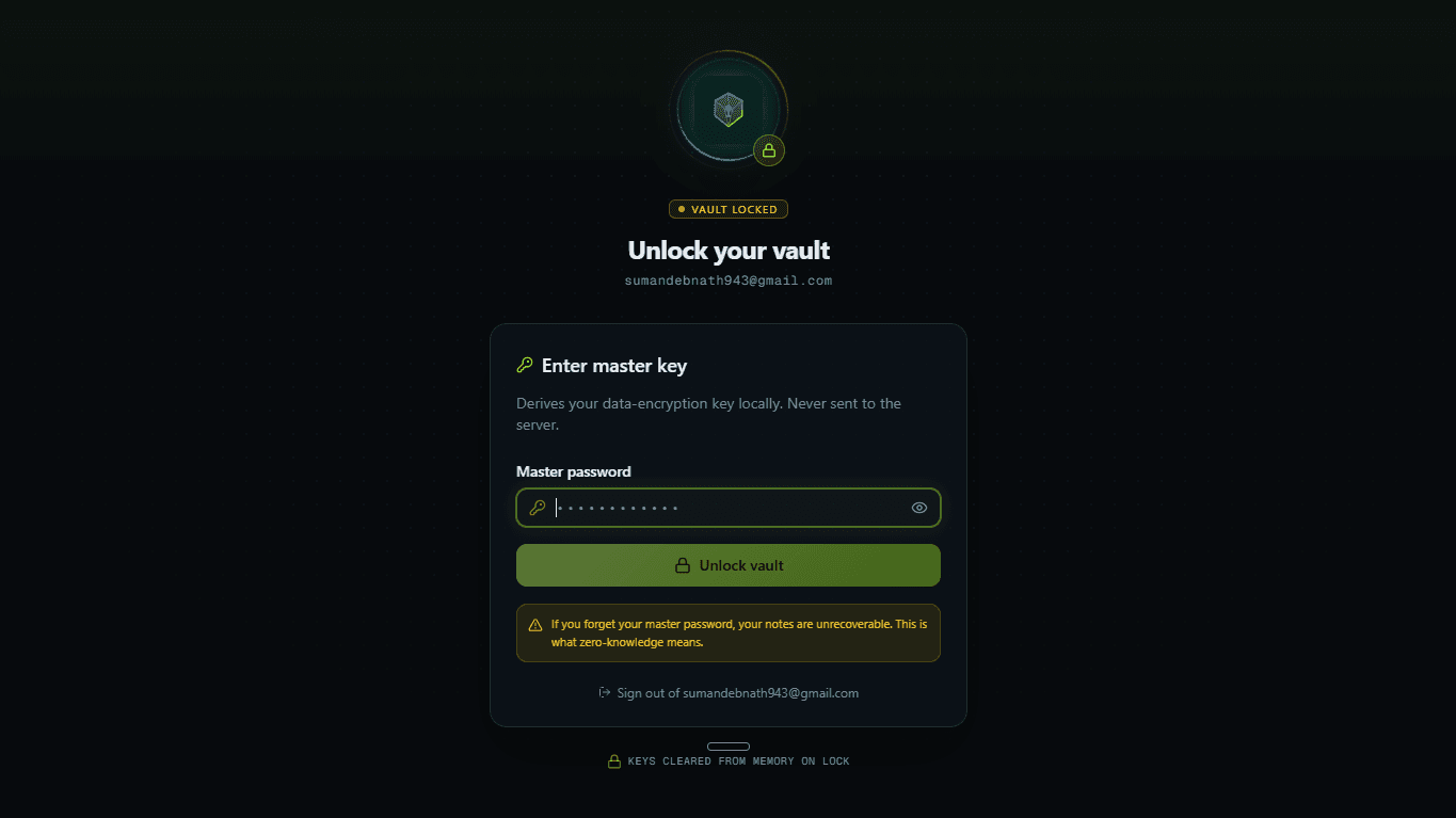 Vault-locked screen prompting for the master key, with keys cleared from memory