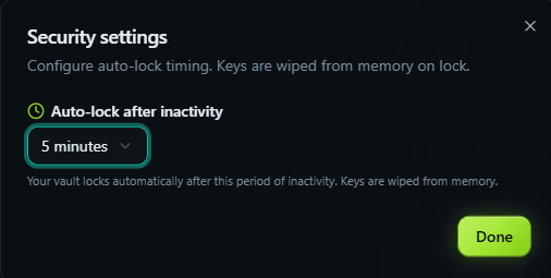 Security settings dialog configuring auto-lock inactivity timing