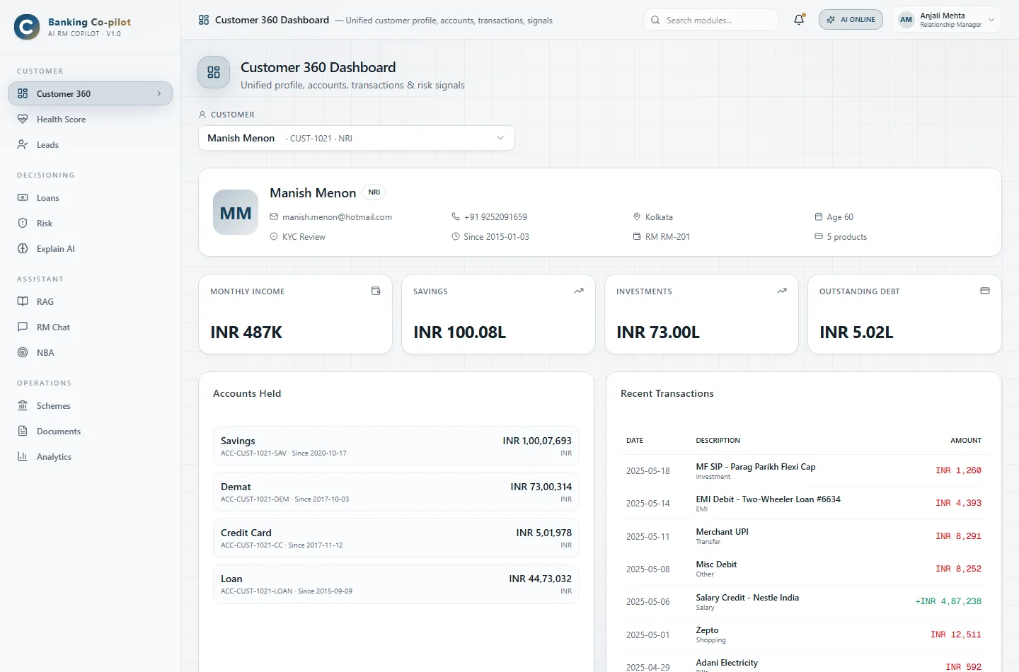 Banking Co-pilot Customer 360 dashboard showing a customer's profile, monthly income, savings, investments, outstanding debt, accounts held and recent transactions