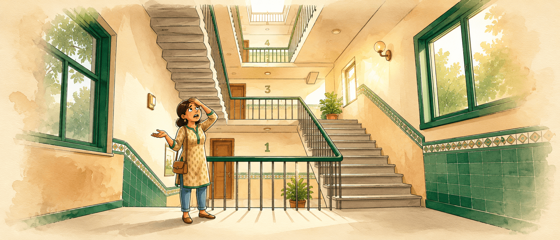 A watercolour: looking up five flights of stairs after forgetting something at home