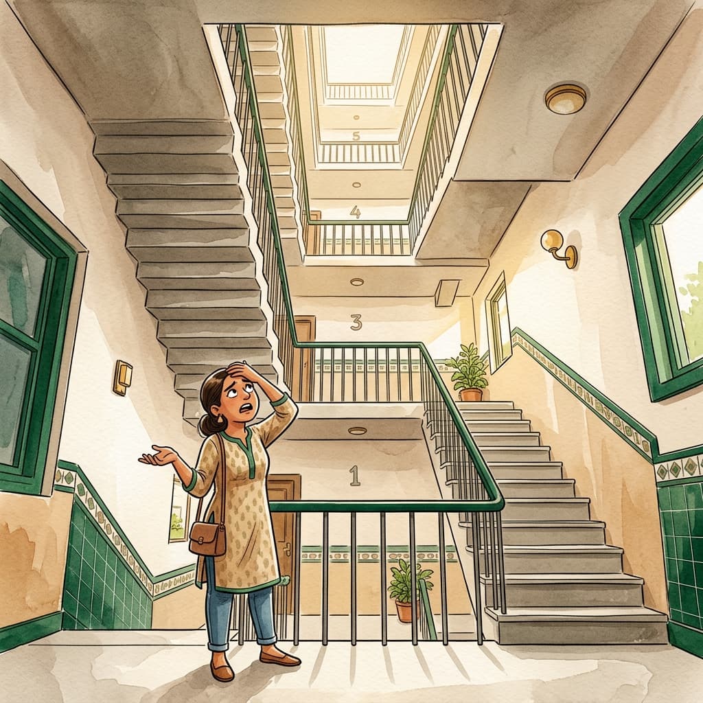 A watercolour: looking up the stairwell after forgetting something at home