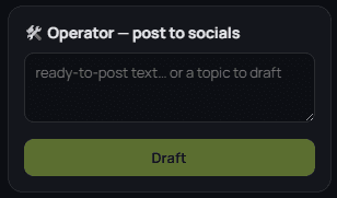 The MIGI MAS Operator — hand it ready-to-post text or a topic and it drafts, then publishes on approval