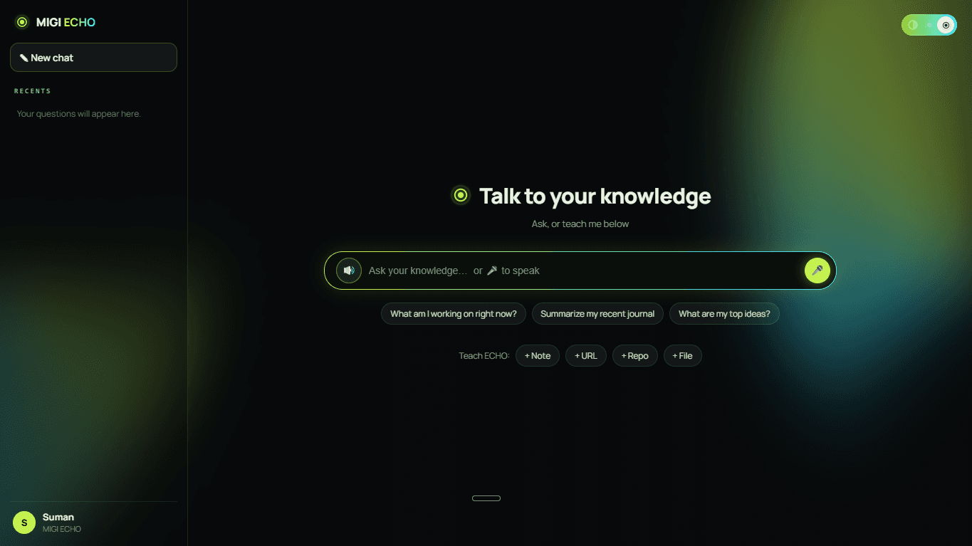 The Migi ECHO knowledge chat — an aurora-lit chat interface with a history sidebar, a centered composer, voice input and spoken replies over my own knowledge base