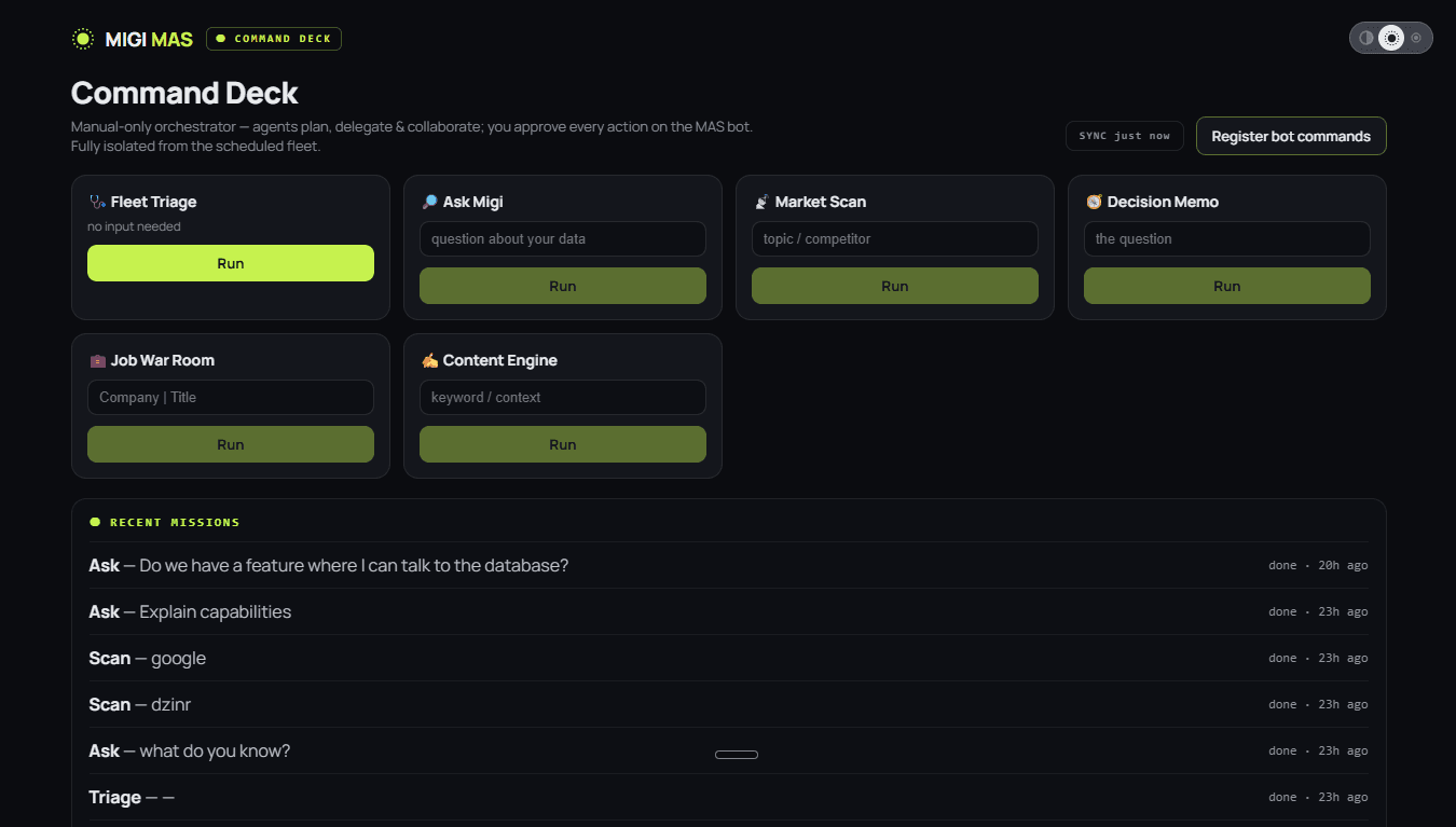 The Migi MAS command deck — launch a mission by typing or voice, watch a squad of specialist agents plan and work, and approve every real action
