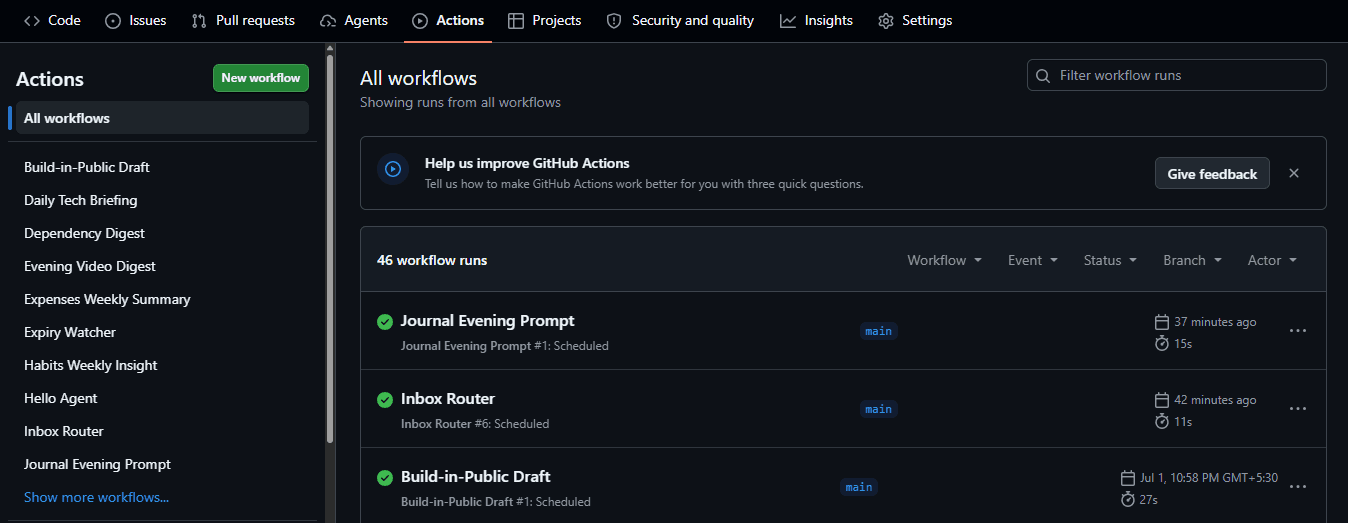 The real GitHub Actions workflow list — every Migi agent runs as its own scheduled or event-driven workflow