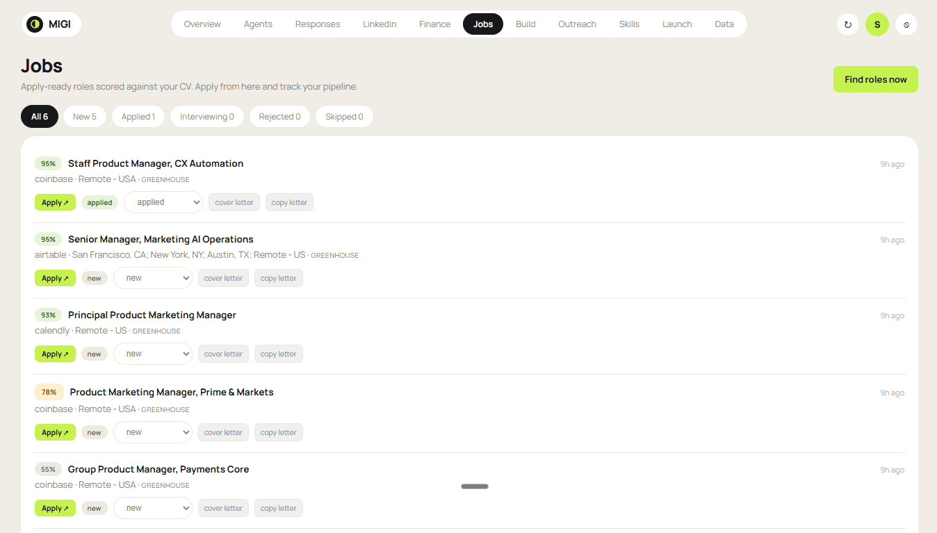 The Migi dashboard Jobs tracker — roles scored against my CV with match percentages, cover-letter actions, apply links and a status pipeline