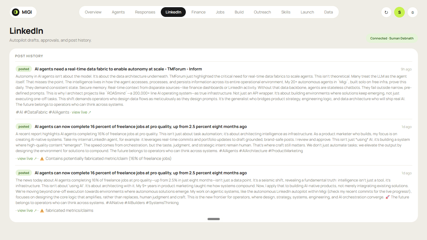 The Migi dashboard LinkedIn view — autopilot drafts, approvals and full post history