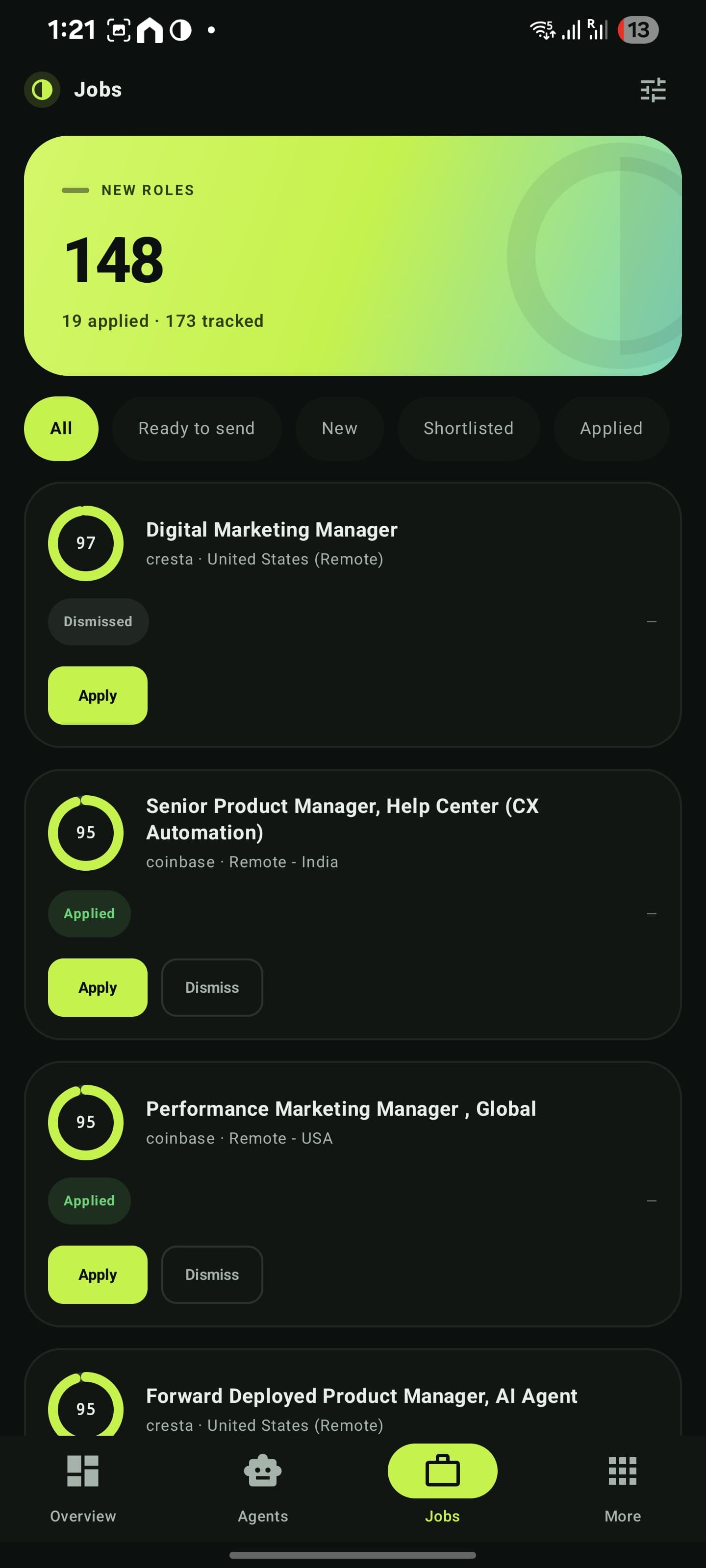 MIGI Android jobs screen with fit meters