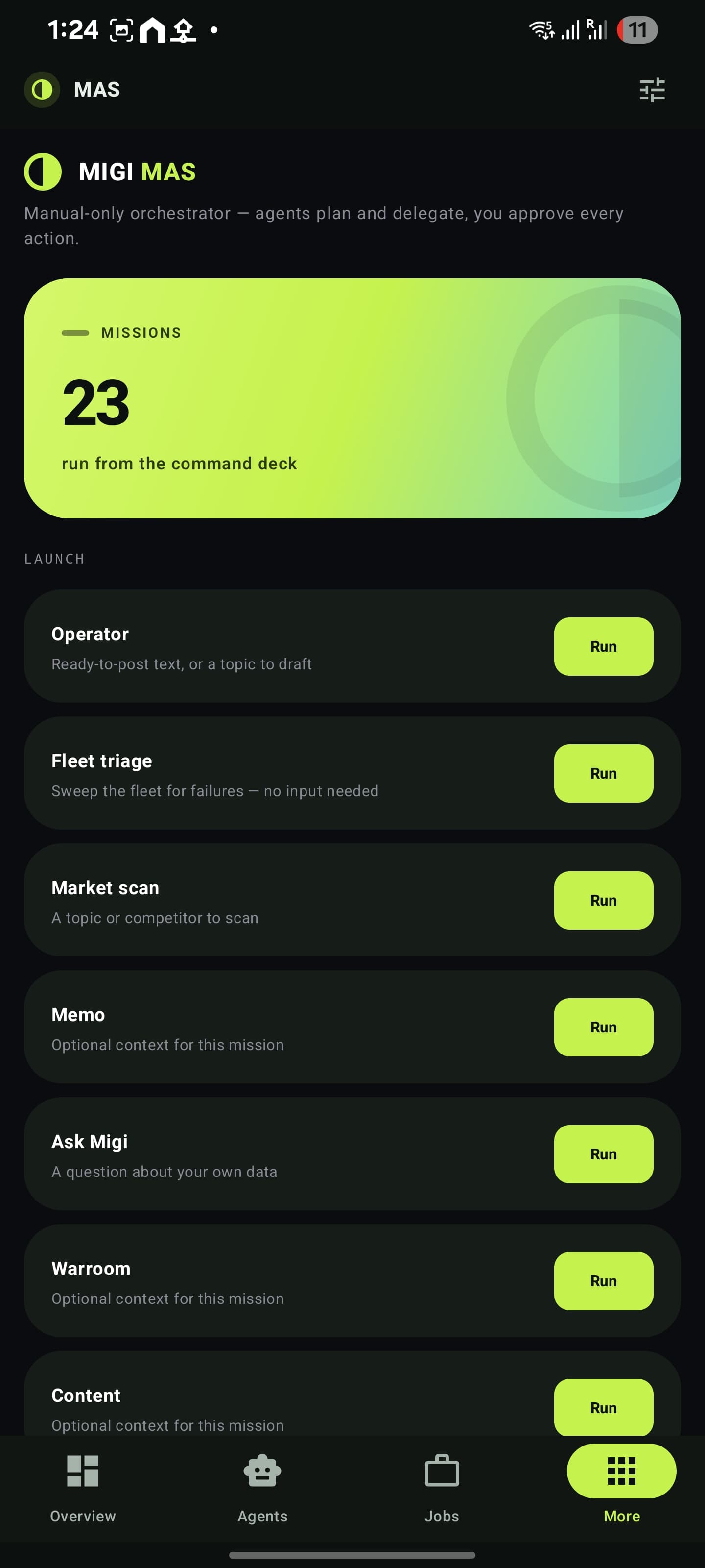 MIGI MAS mission launcher screen