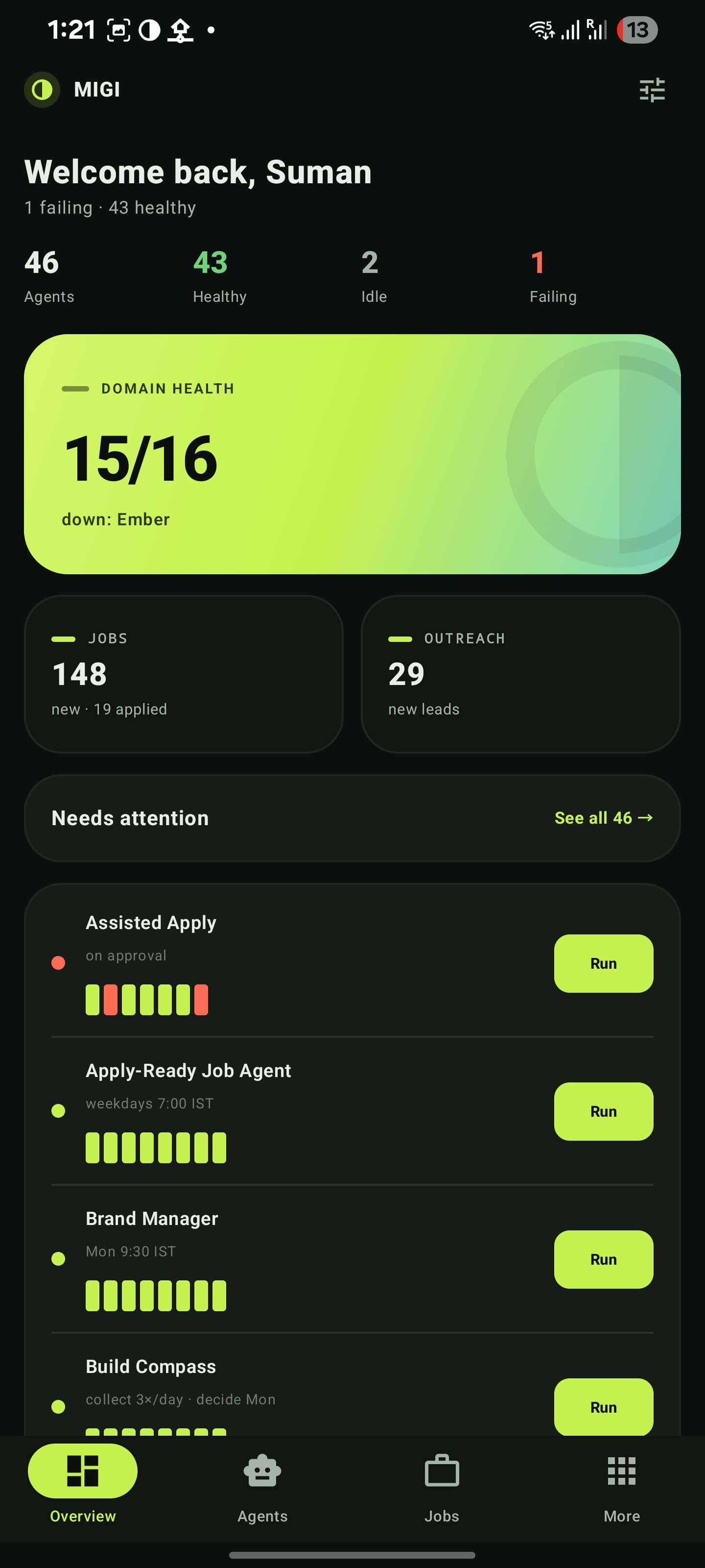 MIGI Android overview screen showing fleet health