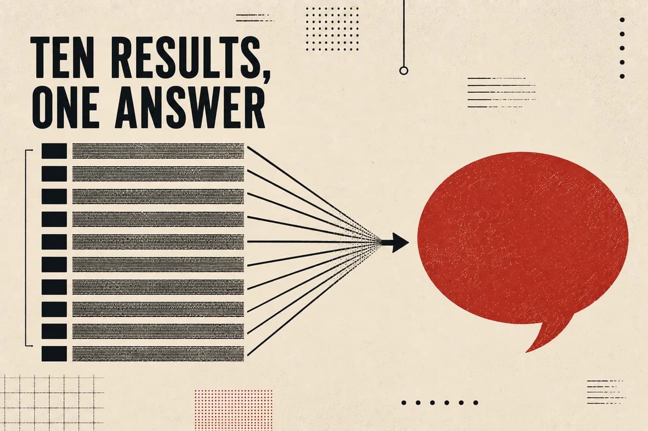 Ten stacked bars on the left narrowing through an arrow into a single speech bubble on the right.