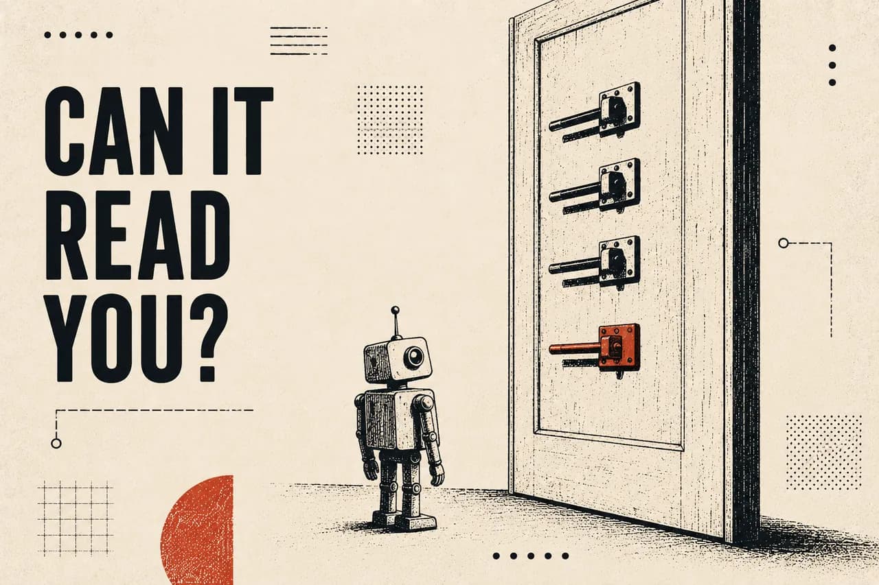 A tall door with four bolts, three drawn open and one still shut, with a small robot waiting in front of it.
