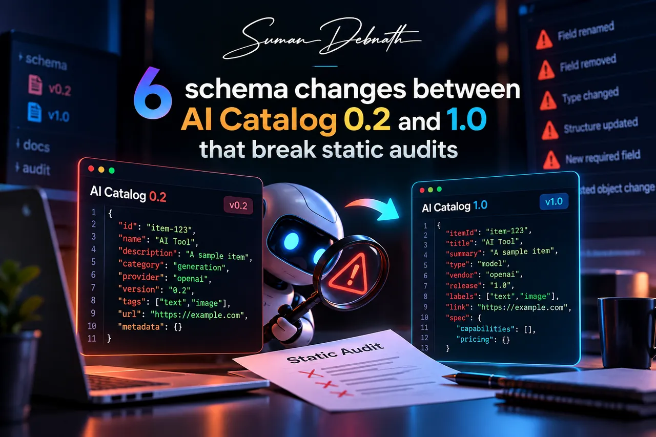 A small white robot with glowing blue eyes holding a magnifying glass with a red warning triangle between two floating code windows comparing AI Catalog 0.2 and AI Catalog 1.0, with a printed Static Audit checklist marked with red crosses on the desk in front of it.