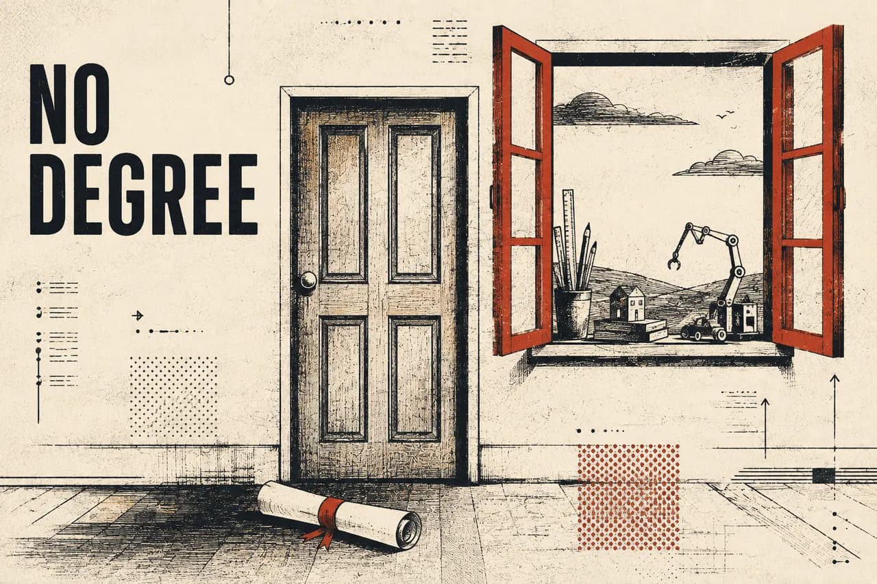 A closed door with a rolled certificate lying on the floor before it, beside an open window with tools on the sill.