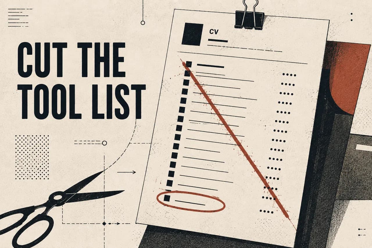 A CV page with a column of small identical tool icons struck through, and one line near the bottom circled.