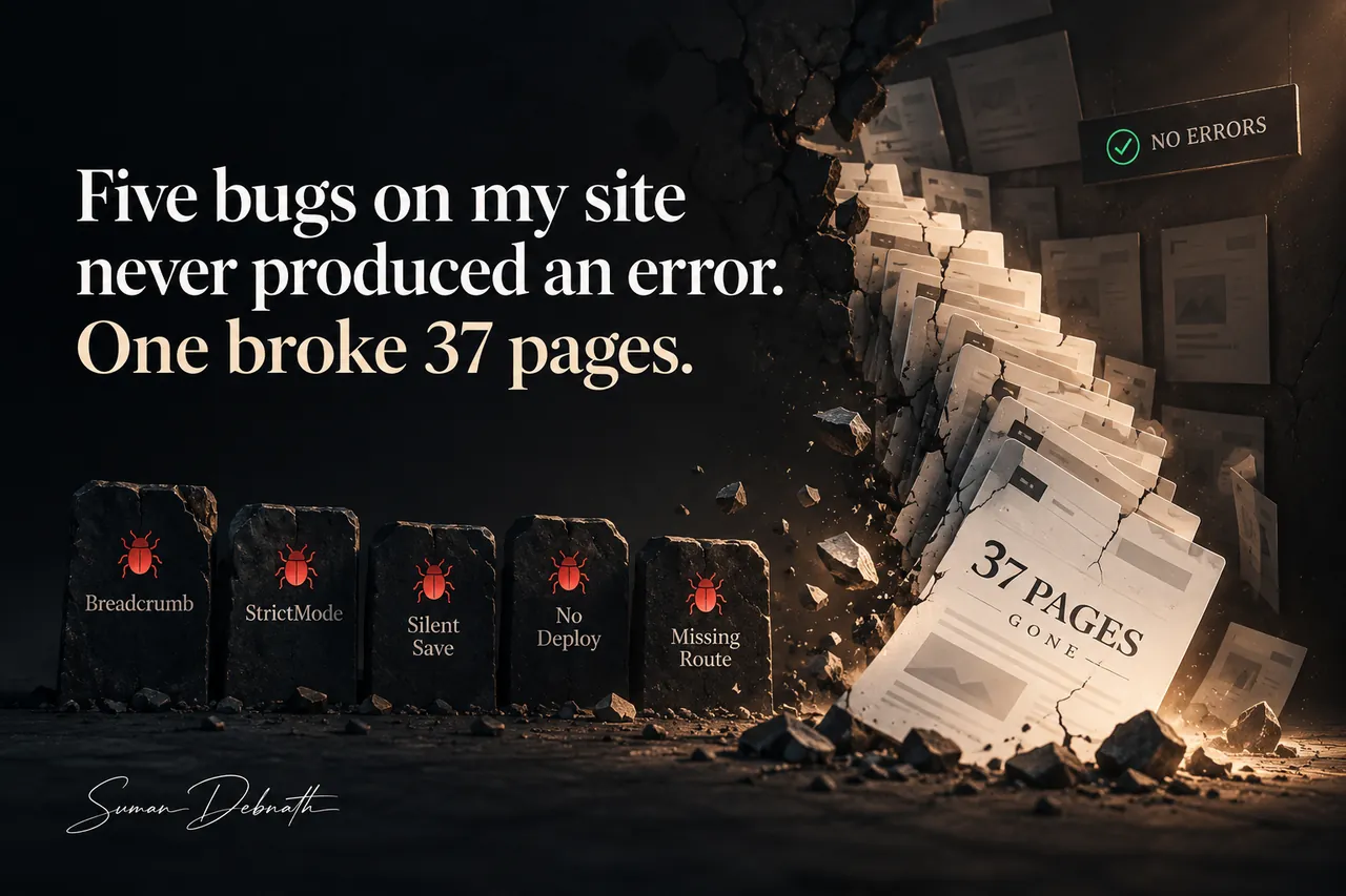 Five dark headstones in a row, each marked with a red beetle and a name — Breadcrumb, StrictMode, Silent Save, No Deploy, Missing Route — beside a collapsing wall of web pages spilling into rubble, one sheet reading "37 pages gone". A panel above shows a green tick and the words "No errors".