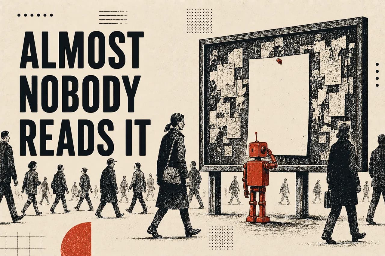 A sheet pinned to a public noticeboard that a crowd walks past, with one small robot stopped to read it.