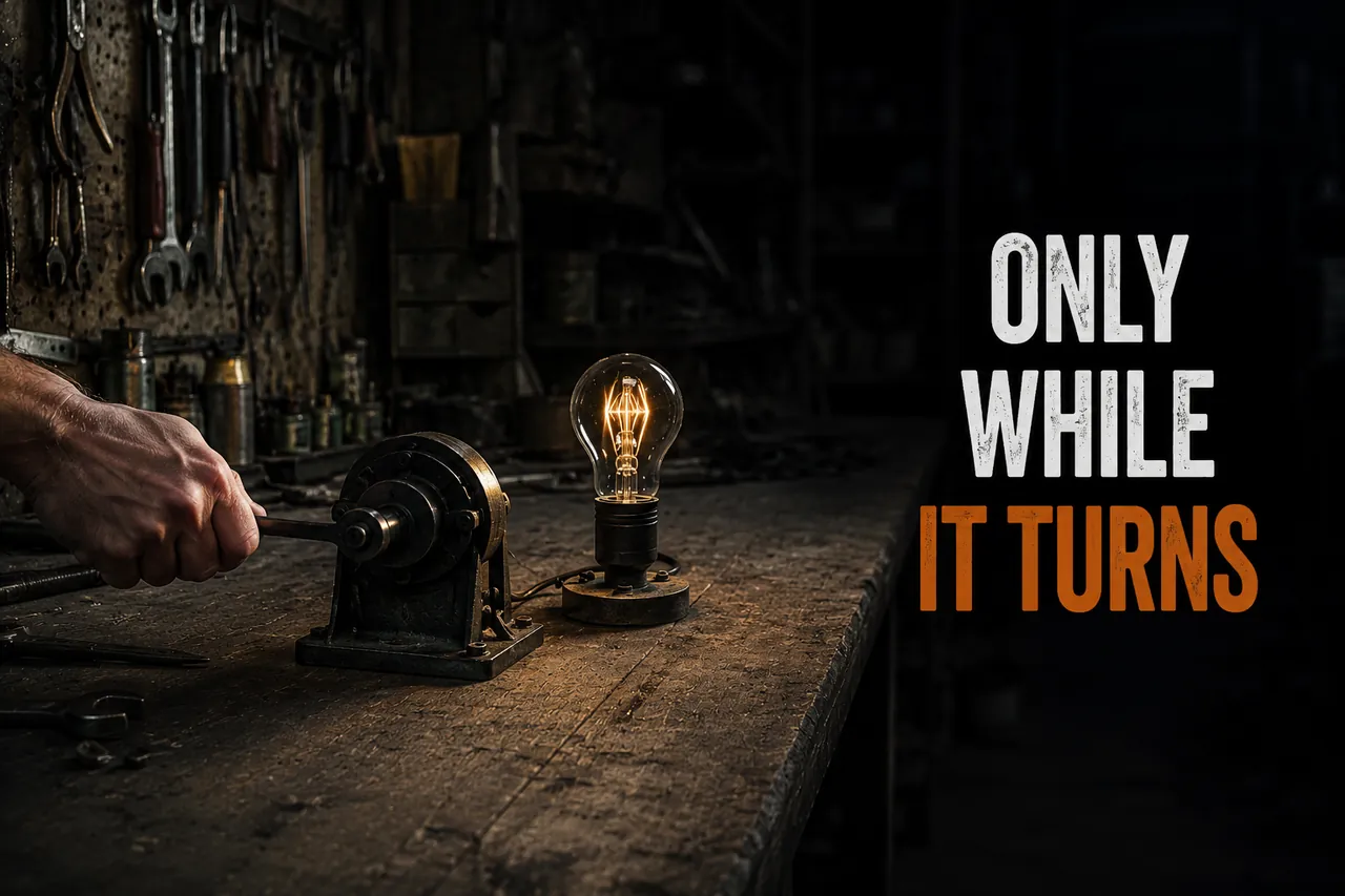 A hand turning a crank generator on a dark workbench, wired to a bare bulb that is lit only while the crank is being turned.