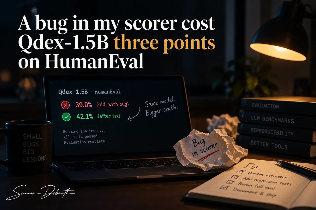A laptop on a dark desk showing a HumanEval result for Qdex-1.5B: 39.0% marked "old, with bug" in red above 42.1% marked "after fix" in green, annotated "Same model. Bigger truth." Beside it a crumpled note reads "Bug in scorer" and an open notebook lists the fix — harden extractor, add regression tests, rerun full eval, document and ship.