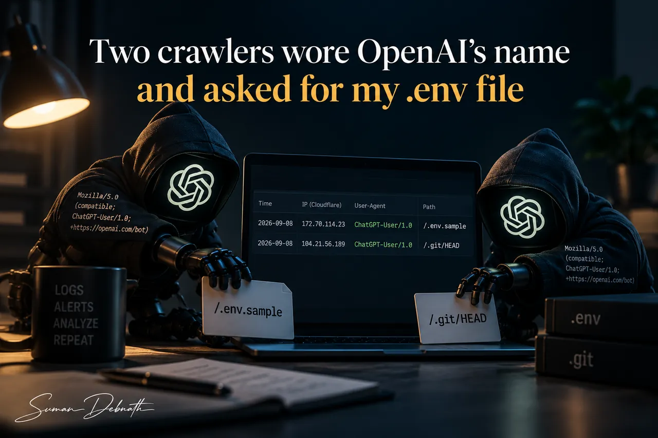 Two hooded robot figures with glowing logos where their faces should be, leaning in from either side of a laptop in a dark room. The laptop shows a log table of two requests for /.env.sample and /.git/HEAD arriving from Cloudflare addresses, both claiming the ChatGPT-User agent, and each robot holds a card naming one of the two paths.