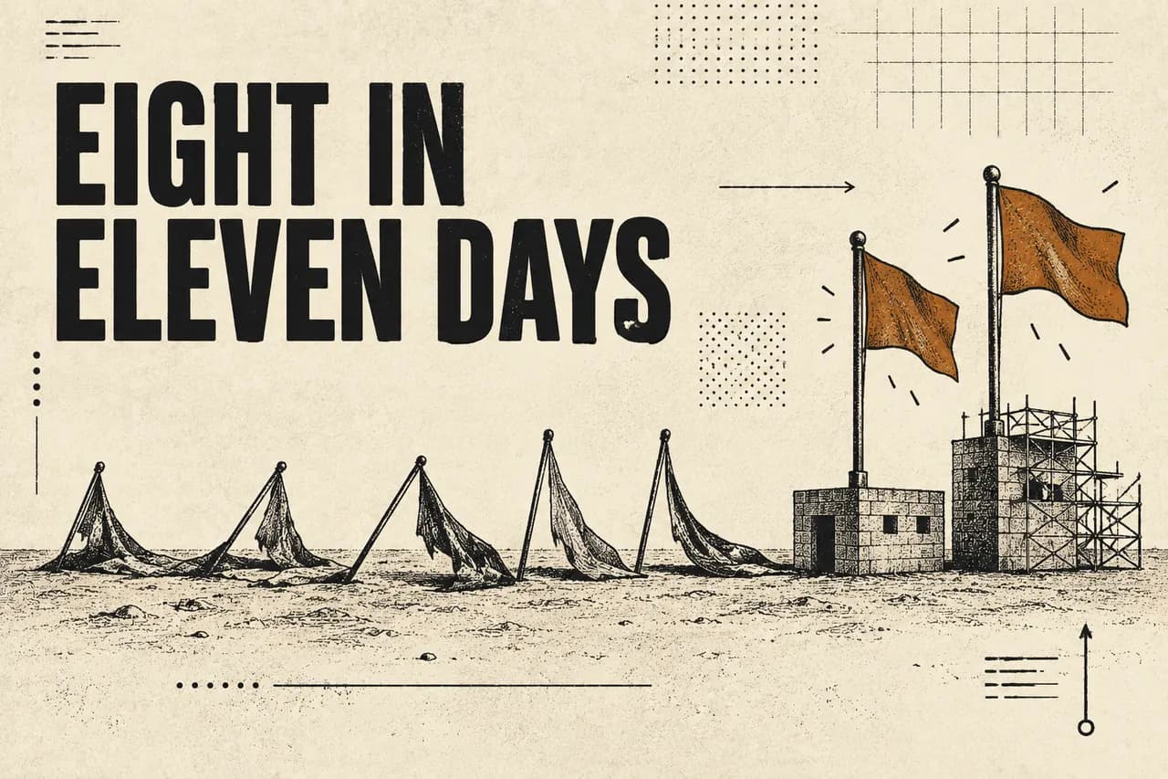 Eight flags planted in a line: six collapsed and faded, the last two upright and grown into built structures.