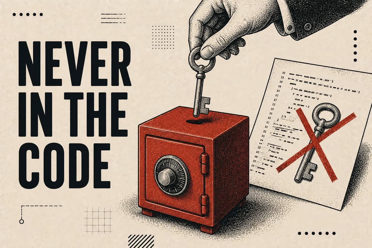 A key being lowered into a small heavy vault, with the same key drawn on a page of code and struck out.