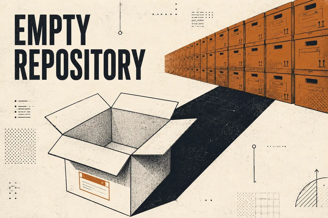 An empty open filing box whose long shadow resolves into a dense row of sealed, stacked boxes.