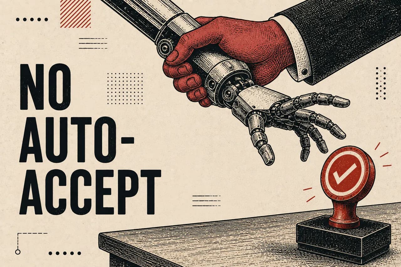A mechanical arm reaching for a tick-marked stamp, held back at the wrist by a human hand.