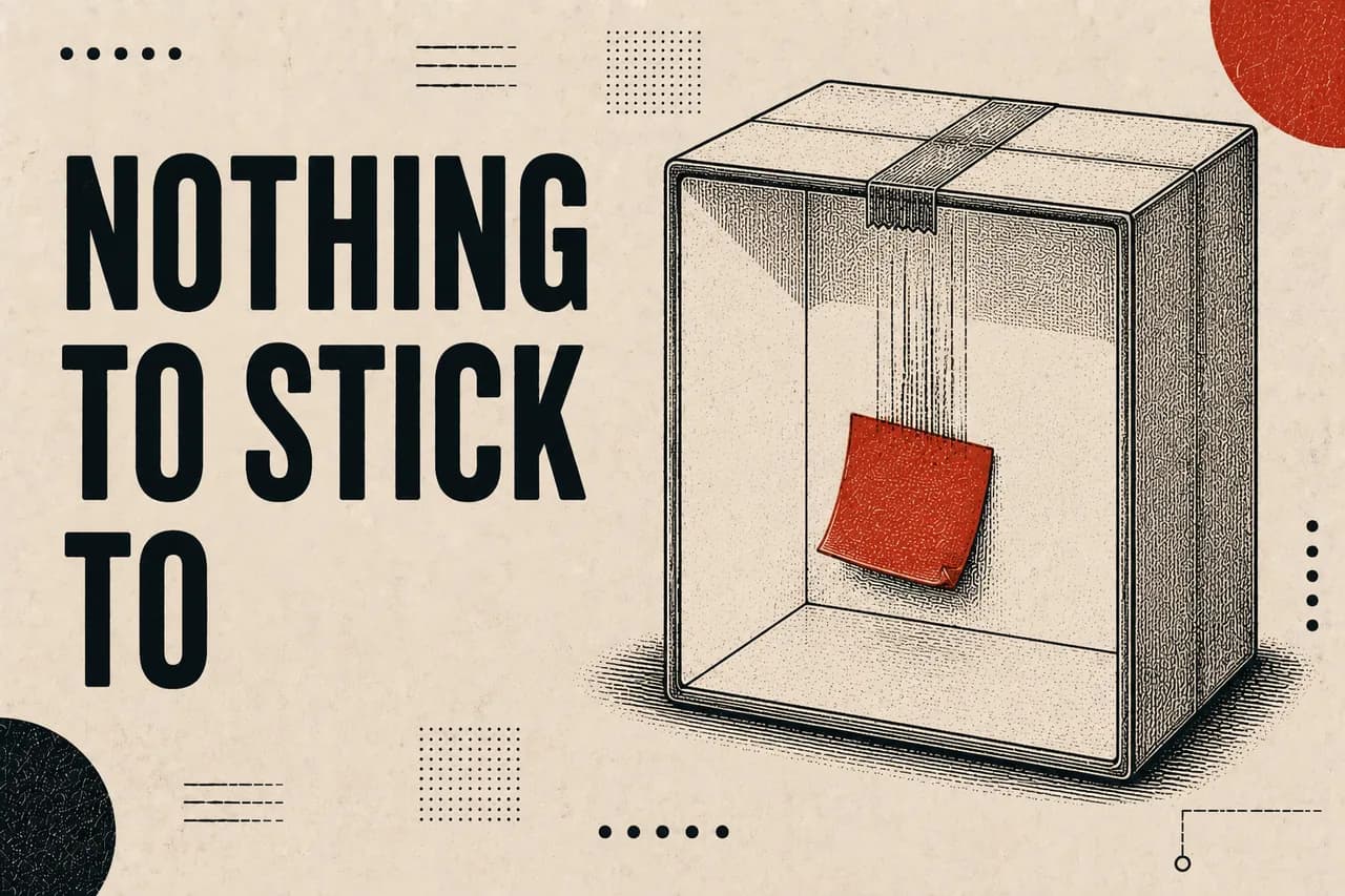 A sticky note sliding down the smooth inner wall of a sealed box, with a faint motion trail above it.