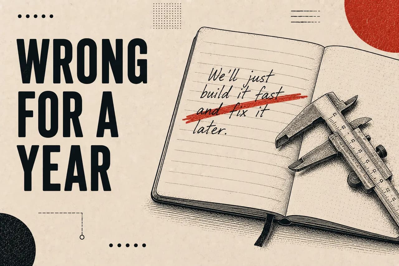 An open notebook page with a confidently written note struck through, a measuring instrument lying across it.