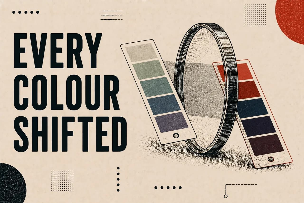 A colour swatch card entering a glass lens and emerging visibly shifted and darkened on the other side.