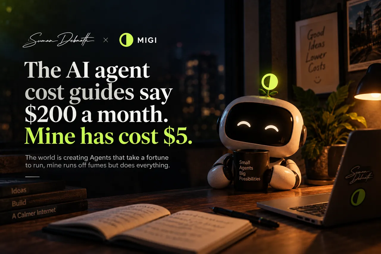 A small white desk robot with a glowing green leaf sprouting from its head, sitting beside a mug reading 'Small Agents, Big Possibilities' on a night-time desk, next to the headline 'The AI agent cost guides say $200 a month. Mine has cost $5.'