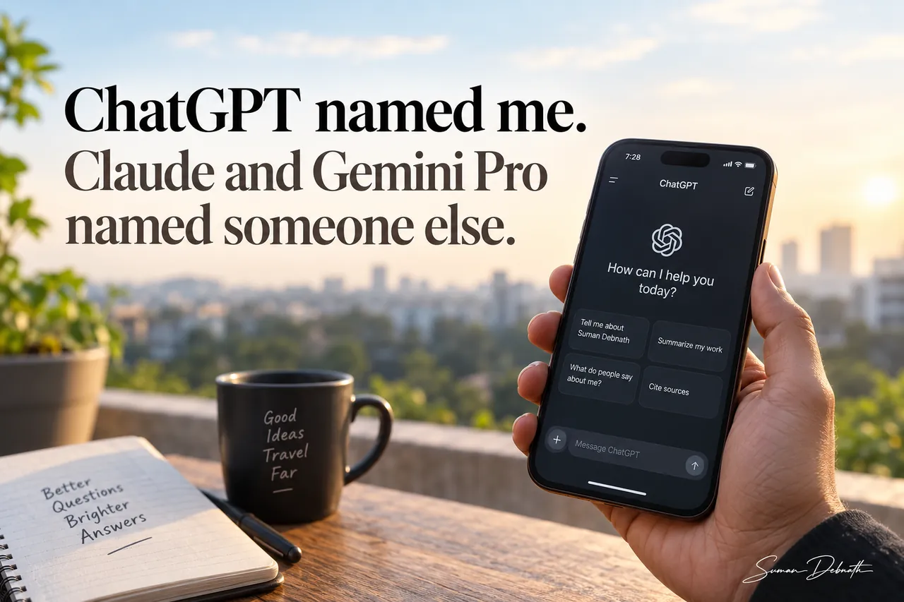 A hand holding a phone showing a ChatGPT home screen, its suggested prompts including "Tell me about Suman Debnath" and "Cite sources", held over a sunlit balcony table with a coffee mug and an open notebook reading "Better Questions Brighter Answers", a city skyline behind.