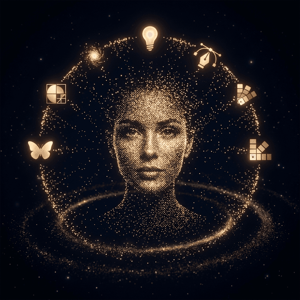Particle constellation forming Shraddha Sonel's face among her art forms