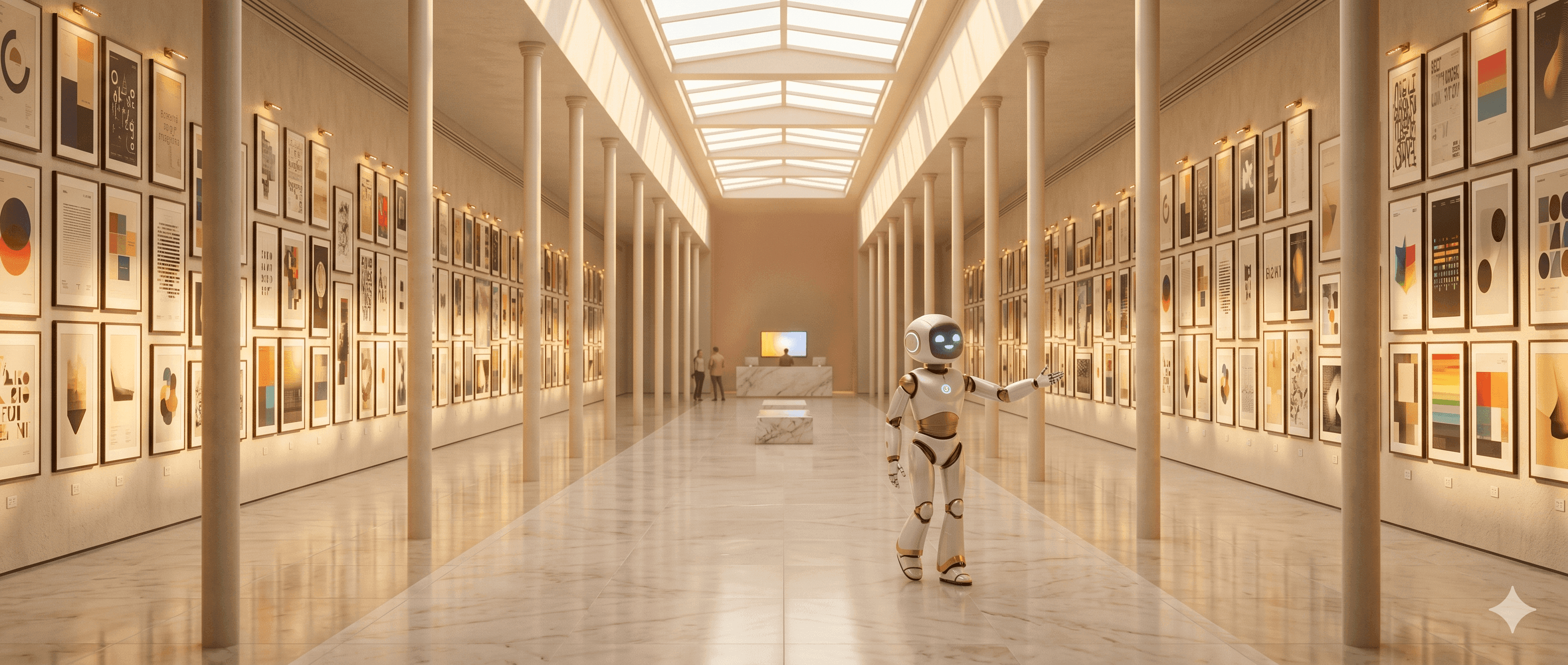 The walkable marble gallery hall with the AI guide avatar