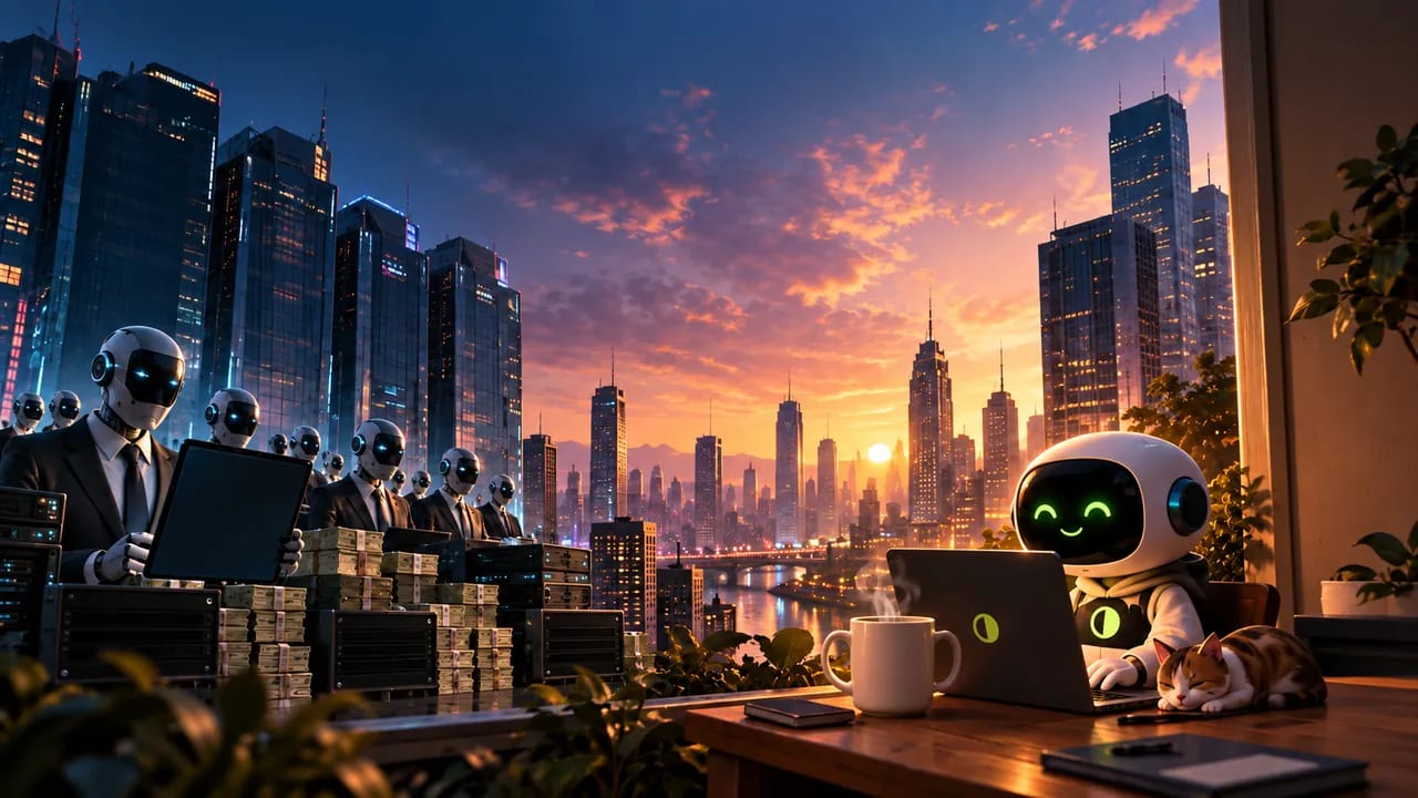 A rank of identical robots in business suits standing behind server racks and stacked bundles of cash on one side of a city skyline at sunset; on the other side, a single small white robot working alone at a laptop on a balcony desk with a coffee and a sleeping cat.