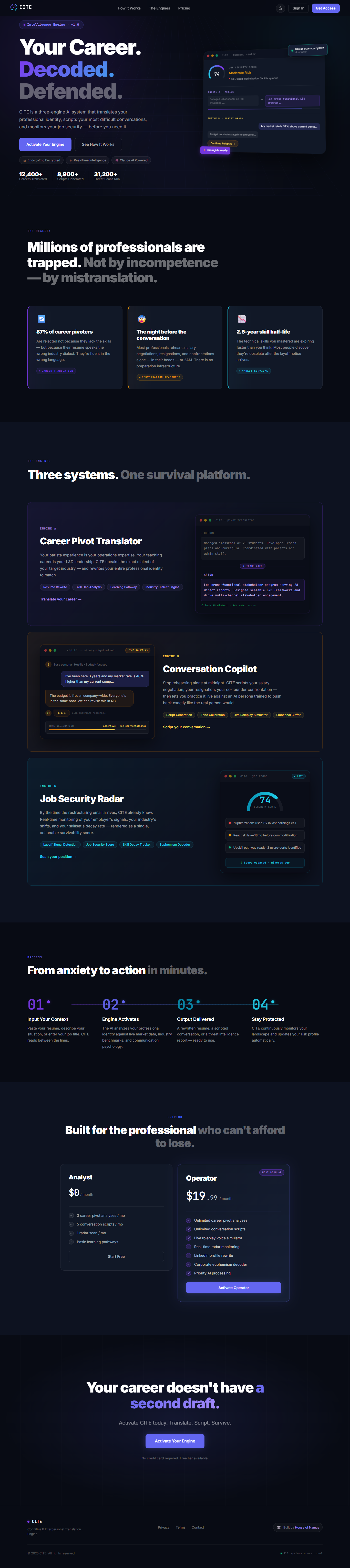 CITE product interface — career pivot translator, job security radar, and unified tactical command center