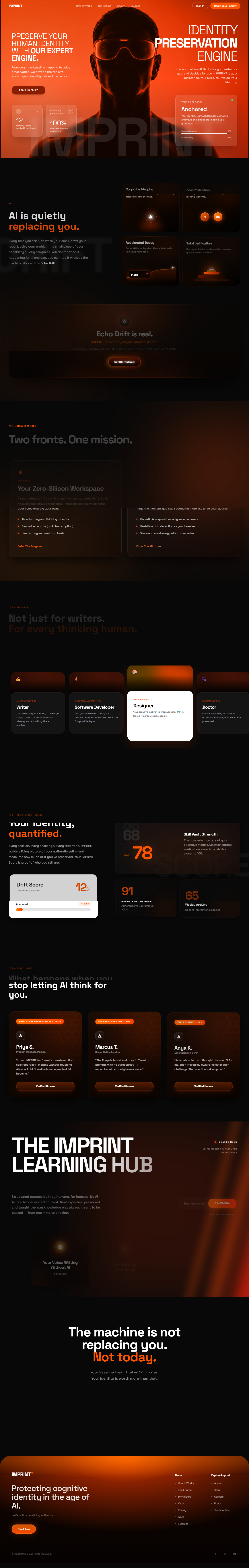 IMPRINT product interface — drift score dashboard, behavioral cloning sessions, and identity credential vault